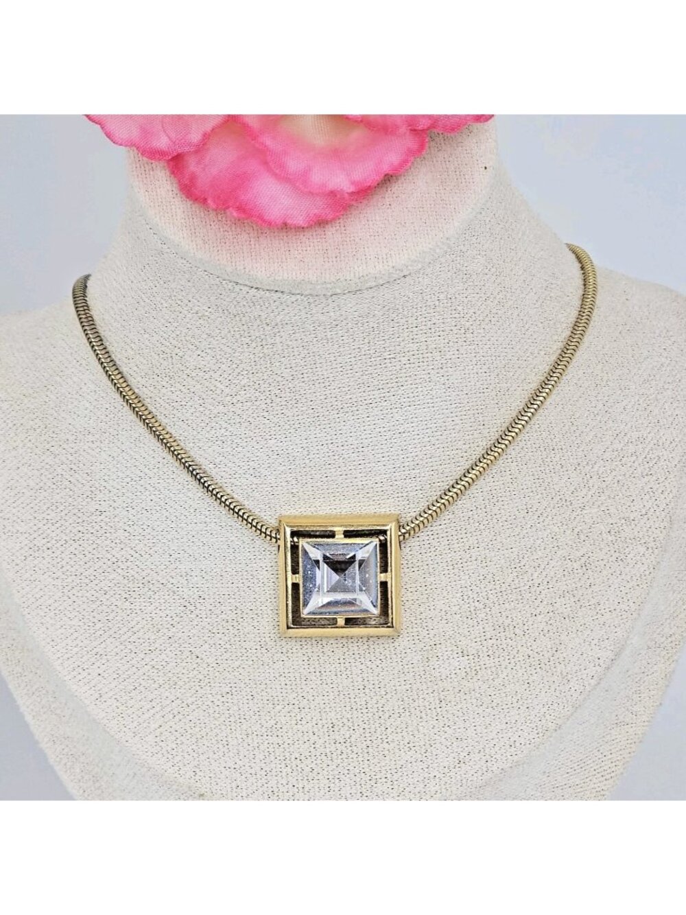 Vintage AVON Gold White Crystal Square Pendant Necklace 80s/90s Costume Jewelry